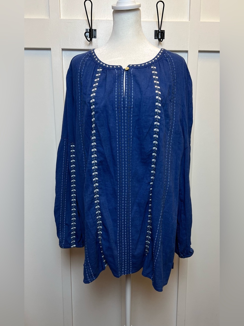 J. Jill Womens Size Large Chambray Embroidered 3/4 Sleeve Long Top Blouse Shirt